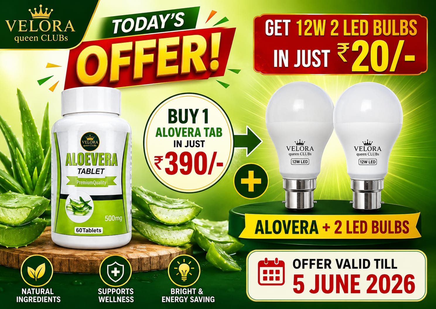 Special Alovera Tab with 2 Led Bulbs in just 20 Rs. 